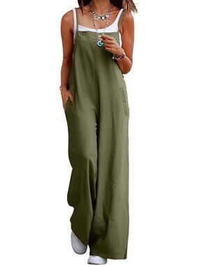 Women's Green Summer Bohemian Floral Jumpsuits Casual Wide Leg Romper Sleeveless
